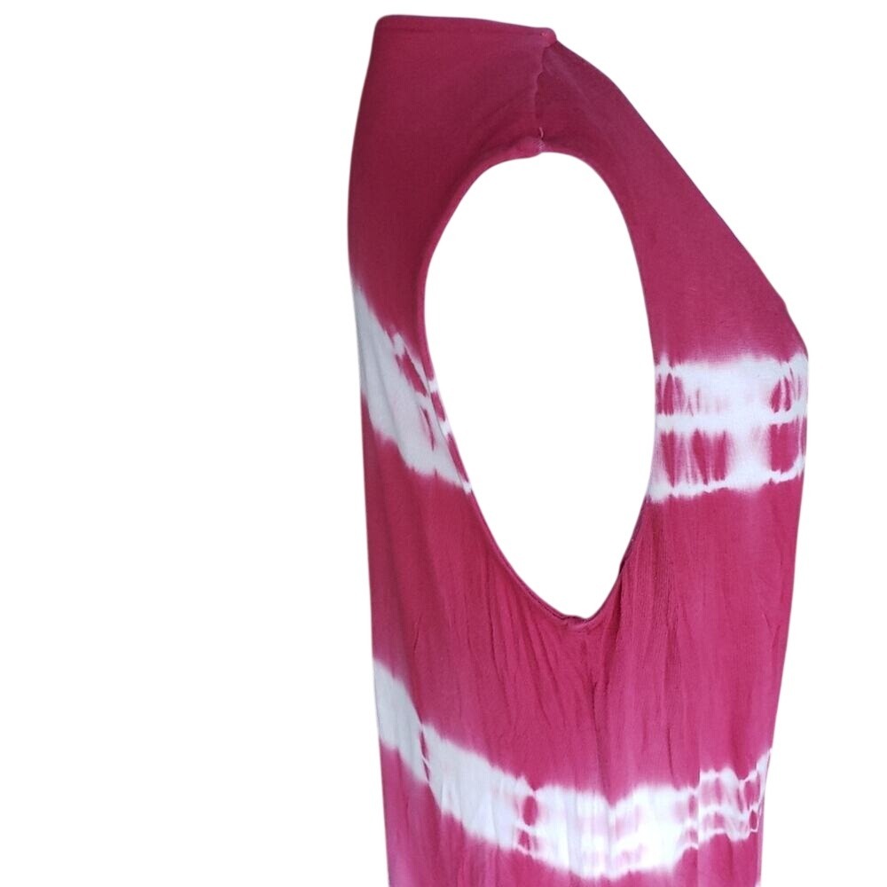 Pink White Tie Dye O-Ring V-Neck Cotton Maxi Dress Plus Size XXXL - Picture 3 of 4